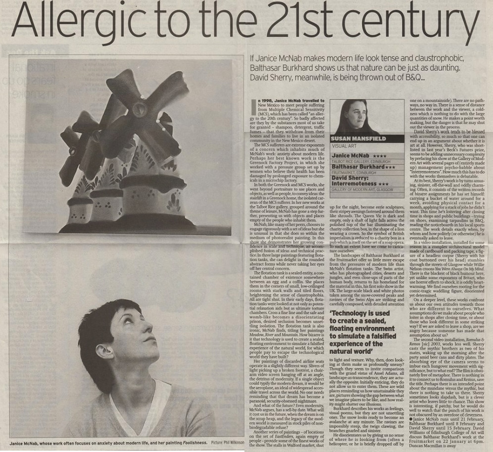 &lsquo;Allergic to the 21st century&rsquo; by Susan Mansfield (2004). Review published in &lsquo;The Scotsman&rsquo;.