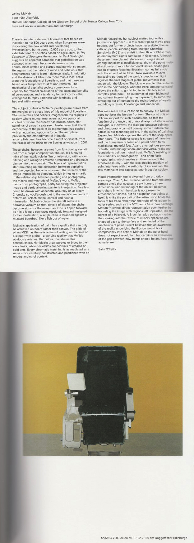 &lsquo;Chair Paintings&rsquo; by Sally O’Reilly (2004). Essay published in &lsquo;East Internationals&rsquo;, Norwich Gallery, UK.