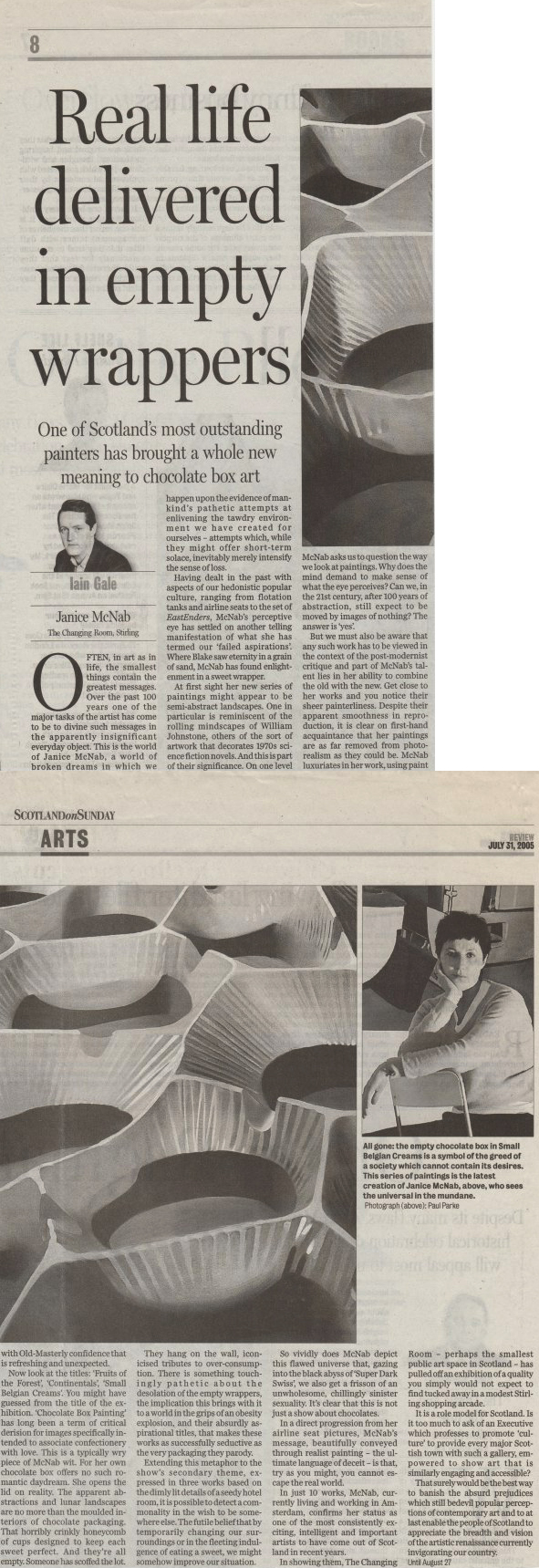 &lsquo;Real life delivered in empthy wrappers&rsquo; by Iain Gale (2005). Review published in &lsquo;Scotland on Sunday&rsquo;, UK.