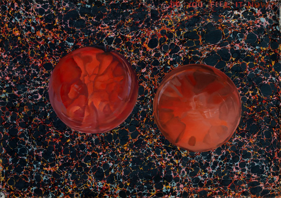 Janice McNab, The Ghost Artist &mdash; Do You Feel It Now? (2021), oil / acrylic on Ann Muir marbled paper, 44x64cm