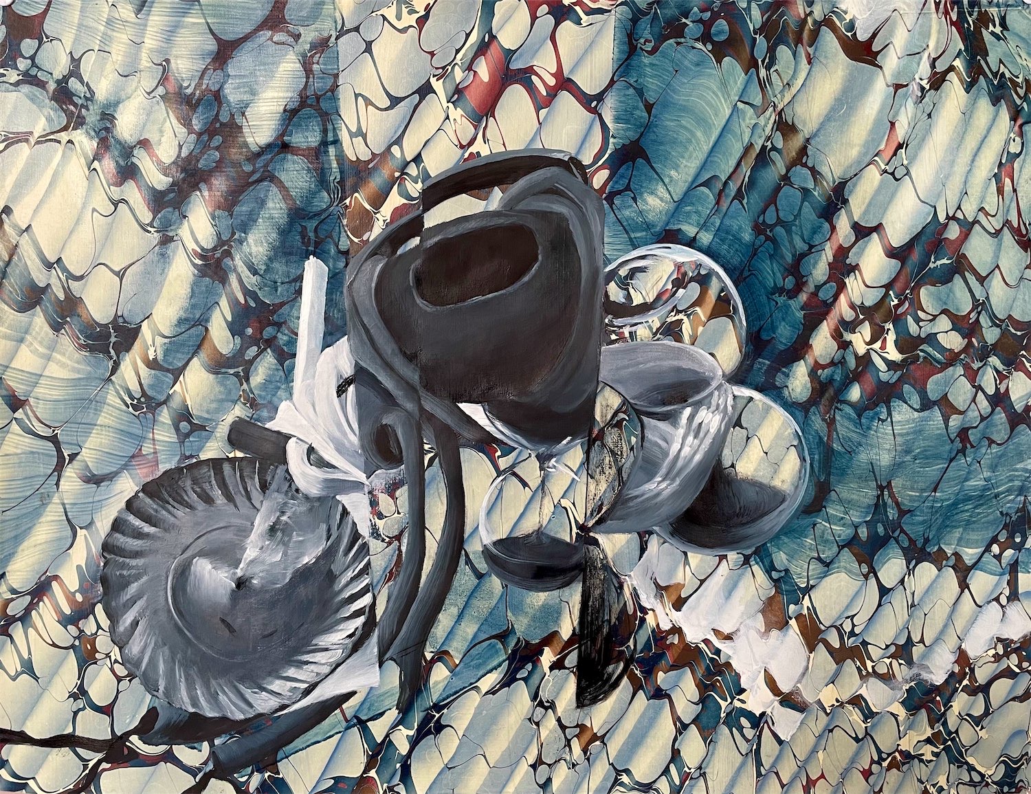 Janice McNab, The Ghost Artist &mdash; Woman in Black and Blue (2022), 40x50cm, oil on acrylic on Iris Nevins marbled paper