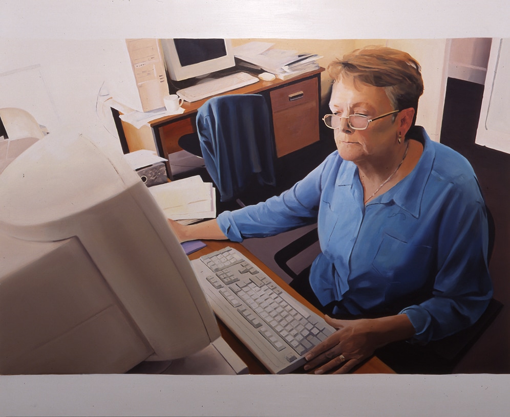 Janice McNab, The Isolation Paintings, The Greenock Factory Project, &lsquo;Grace in The Employment Rights Office&rsquo; (2001), 122x150cm, oil on board