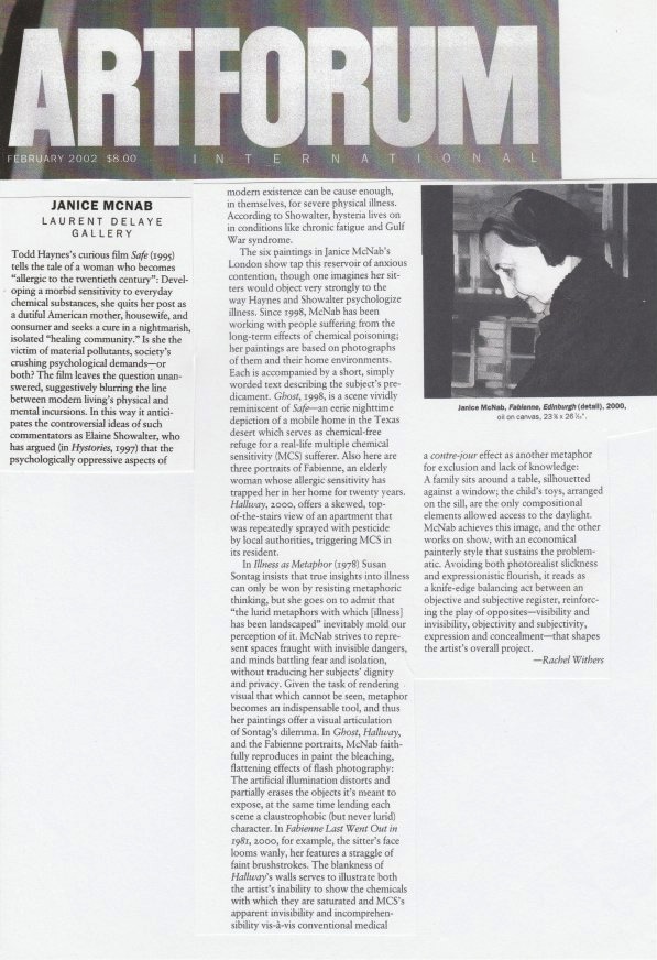 &lsquo;Janice McNab at Laurent Delaye&rsquo; by Rachel Withers (2002). Review published in &lsquo;Artforum&rsquo;